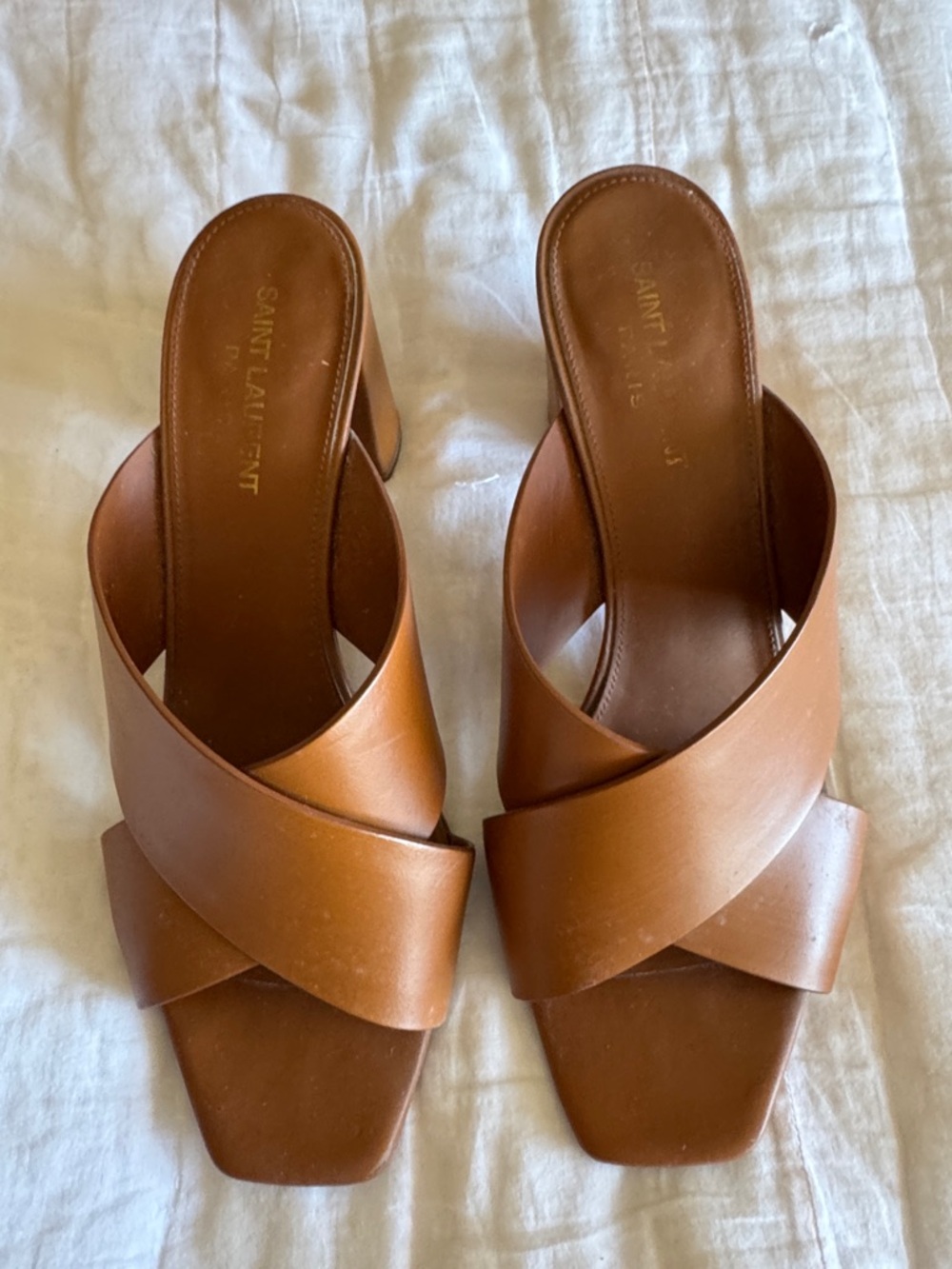 Saint Laurent Tan Leather Crisscross Block Heel Mules